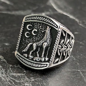 Mens Silver Handmade Alpha Wolf Design Ring, Men Knitted Wolf Motif Ring, Silver Oxidized Wolf Ring, 3 Crescent Wolf Symbol Jewelry, Gifts