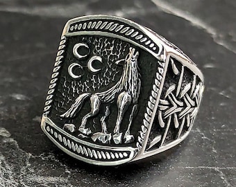 Mens Silver Handmade Alpha Wolf Design Ring, Men Knitted Wolf Motif Ring, Silver Oxidized Wolf Ring, 3 Crescent Wolf Symbol Jewelry, Gifts
