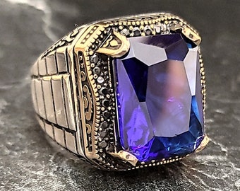 Men Silver Dark Blue Zircon Stone Ring , Silver Navy Blue Sapphire Gemstone Ring , Vintage Style , Mens Handmade Jewelry , Gift For Him