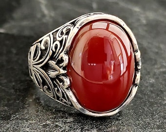 Mens Silver Red Agate Stone Ring , Silver Red Gemstone Ring , Turkish Handmade Jewelry , 925K Sterling Silver Men&#39;s Jewelry , Gift For Him
