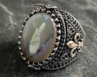 Men&#39;s Oval White Agate Gemstone Silver Ring, Silver French Sign Royal Ring, Handmade Fleur De Lys Symbol Ring, Floral Style, Gift For Him