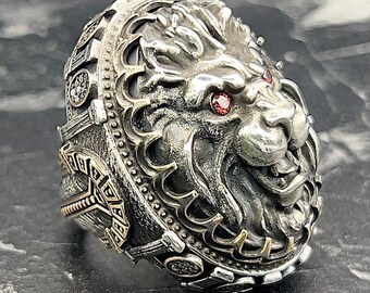 Men's Silver Lion Head Ring With Ruby Eyes, Ottoman Style Handmade
