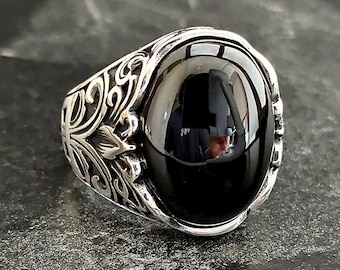 Anel masculino com pedra ônix preta, anel oval prateado com pedra preciosa ônix natural, anel de prata esterlina 925, estilo floral, anel de prata gravado à mão