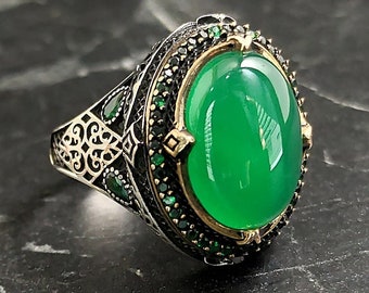 Men&#39;s Oval Natural Green Jade Gemstone Silver Ring, Silver Plants Tree Mesh Patterned Ring, Round Stone Edge Plant Shield Ring, Gift For Him