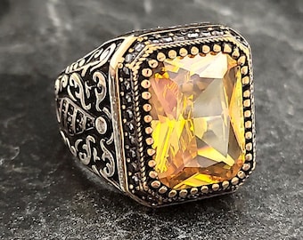 メンズスクエアイエローシトリンジェムストーンシルバーリング、メンズ