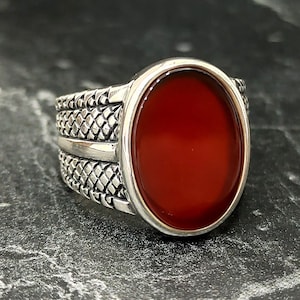 Anillo de plata hecho a mano con piedra ovalada de ágata roja, anillo de plata con piedra preciosa Aqeeq yemení, joyería turca hecha a mano, joyería de plata de ley 925 para hombres