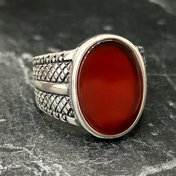 Red Agate Oval Stone Handmade Silver Ring , Silver Yemeni Aqeeq Gemstone Ring , Turkish Handmade Jewelry , 925 Sterling Silver Men's Jewelry
