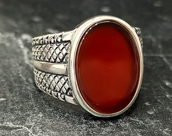 Red Agate Oval Stone Handmade Silver Ring , Silver Yemeni Aqeeq Gemstone Ring , Turkish Handmade Jewelry , 925 Sterling Silver Men&#39;s Jewelry