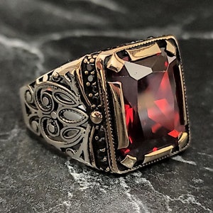Men Silver Red Stone Ring , Red Ruby Gemstone Ring , Handmade Jewelry , Vintage Style , 925 Sterling Silver Men&#39;s Jewelry , Gift For Him