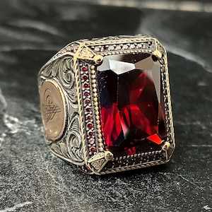Men Silver Red Garnet Stone Ring , Men Handmade Ring , Silver Red Ruby Gemstone Ring , 925K Sterling Silver Men&#39;s Jewelry , Gift For Him