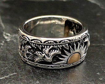 925K Silver Celestial Sun Unique Signet Ring , Silver Dainty Sunrise Ring , Silver Sunrise Summer Ring , Natural Lifestyle , Gift For Him