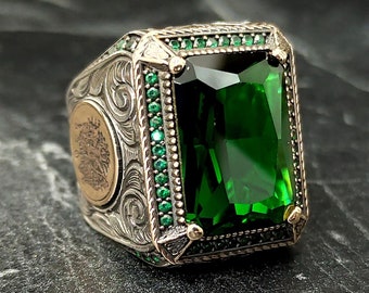 Anillo de plata con granate verde, anillo hecho a mano para hombre, anillo de piedra preciosa esmeralda verde de plata, joyería de plata de ley 925K para hombre, regalo para él