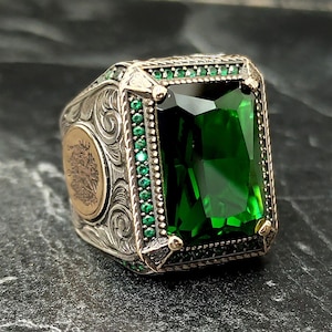 Silver Green Garnet Stone Ring , Men Handmade Ring , Silver Green Emerald Gemstone Ring , 925K Sterling Silver Men&#39;s Jewelry , Gift For Him