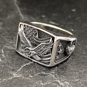 925 Sterling Silver American Eagle Flag Ring , Silver United States Flag Ring , 925 Sterling Silver Liberty Patriotic Ring , Gift For Him