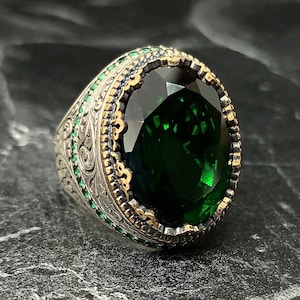 Men Silver Oval Green Garnet Stone Ring , Silver Green Gemstone Ring , Men Handmade Ring , Floral Style , 925k Sterling Silver Men&#39;s Jewelry