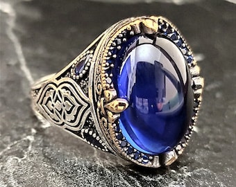 Men Silver Dark Blue Stone Ring , Silver Blue Sapphire Gemstone Ring , Men Handmade Ring , Vintage Style , 925 Sterling Silver Men&#39;s Jewelry