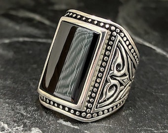 Anel masculino com pedra ônix preta, anel quadrado prateado com pedra ônix natural, anel de prata esterlina 925k, estilo floral, presente para ele
