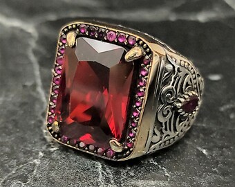 Men Silver Square Red Stone Ring , Silver Red Ruby Gemstone Ring , Men Handmade Ring , Vintage Style , 925K Sterling Silver Men's Jewelry