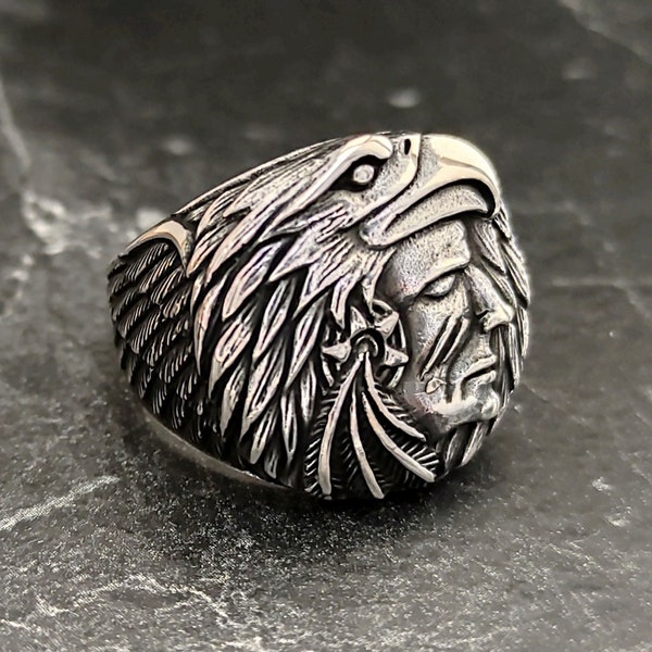 Silver Native American Indian Chief Ring , Silver American Indian Head Ring , 925K Sterling Silver Native American Jewelry , Gift For Him
