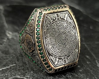 Anillo de plata con bordado de la Surah Al-Inshirah, anillo turco islámico de plata hecho a mano, anillo para el pulgar con escritura árabe, estilo otomano, regalo para él.