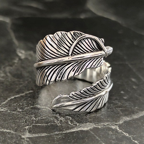 Sterling Silver Bird Feather Handmade Ring , Silver Adjustable Mystic Feather Jewelry , Lucky Leaf Ring , Hawk Feather Ring , Gift For Him