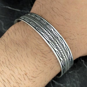 925 Sterling Silver Adjustable Greek Patterned Cuff Bracelet, Men Silver Knit Pattern Handmade Bracelet, New Year Day Gift