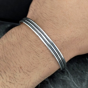 925 Sterling Silver Handmade Engraved Cuff Bracelet, Men Silver Adjustable Curved Handmade Bracelet, Christmas Day Gift