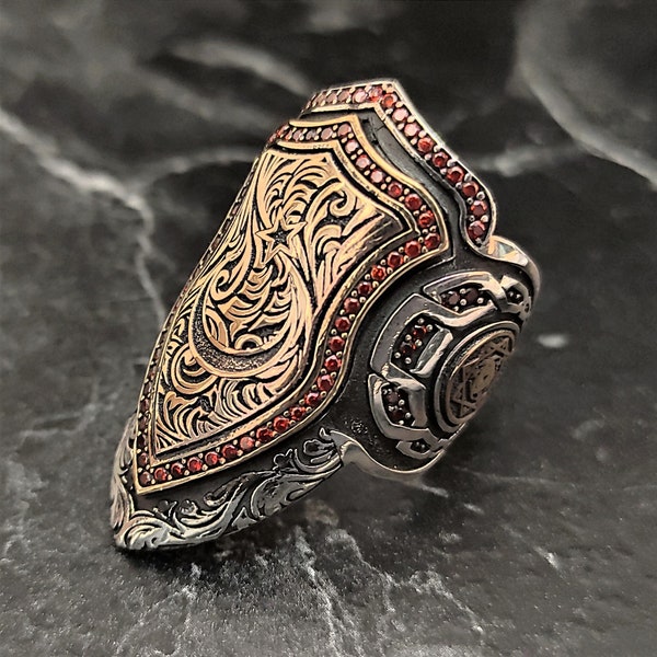Archer Thumb Carved Silver Ring , Turkish Flag Motif Silver Thumb Ring , Handmade Ottoman Ring , 925 Sterling Silver Men's Jewelry