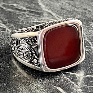Silver Square Red Agate Gemstone Mens Ring, Men Special Cut Stone Silver Ring, Handmade Floral Style, 925K Sterling Silver Men&#39;s Jewelry