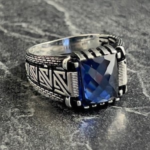 Mens Square Blue Sapphire Stone Silver Ring, Natural Dark Blue Stone ...