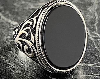 Men's Oval Black Onyx Gemstone Ring, Mens Oval Cut Stone Ring, Handmade Jewelry, 925K Sterling Silver, Floral Style Ring, Gift For Him