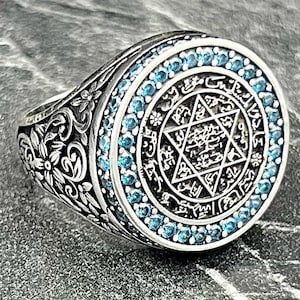 Solomon Seal Ring, Silver Seal Of Solomon Signet Ring, King Solomon Ring, Men Silver Solomon Ring, Aquamarine Stone Men Ring, Gift For Him