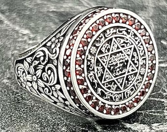 Silver Seal Of Solomon Ring, Star Of David Ring, Solomon Signet Ring, Mens Red Ruby Ring, 925k Sterling Handmade Silver Ring, Gift For Him