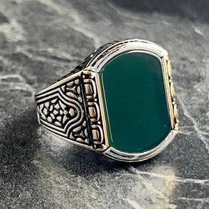 Green Agate Stone Silver Handmade Ring, Engraved Handmade Silver Ring, Natural Agate Silver Ring, Stylish Design, Gift for Boyfriend