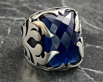 Natural Square Sapphire Stone Silver Ring, Genuine Dark Blue Gemstone Ring, Warrior Knight Figured Ring, 925K Sterling Silver, Gift For Him