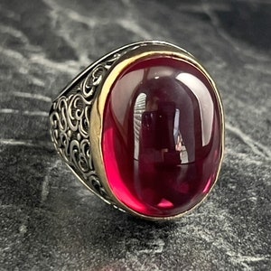 Oval Red Ruby Gemstone Men Silver Ring, Handmade Ruby Men Ring, Turkish Floral Jewelry, Vintage Style, Men Silver Jewelry, Gift For Him