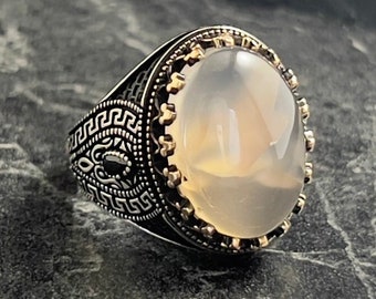 Men Oval White Agate Stone Silver Ring, Handmade Yemen Agate Gemstone Ring, Natural Stone Jewelry, 925 Sterling Silver Ring, Gift For Him