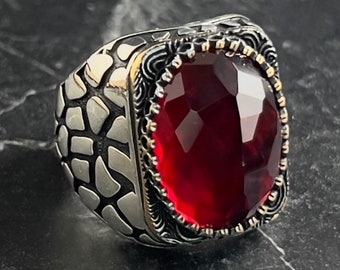 Bague en argent pour homme avec rubis rouge naturel, bague en argent pour homme faite main, bague en argent sterling gravée, bijoux de style ottoman, cadeau pour lui