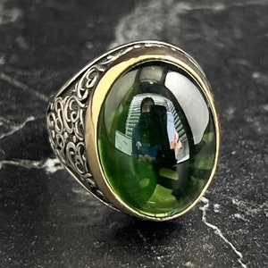 Oval Green Peridot Gemstone Mens Ring, Handmade Peridot Men Ring, Turkish Floral Jewelry, Vintage Style, Men Silver Jewelry, Gift For Him