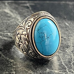 Turquoise Ring Mens, Natural Handmade Silver Ring, Ottoman Men&#39;s Jewelry, Blue Silver Ring, Turquoise Silver Rings, Gift for Him