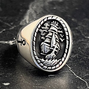 925K Sterling Silver Nautical Anchor Ring, Men Sailor Silver Ring, Ship Cracked Pattern Ring, Ship Figure Silver Ring, Gift For Sea Captains