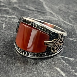 Anillo de caligrafía con símbolo turístico otomano para hombre, anillo de sello de ágata hecho a mano, anillo turco hecho a mano, anillo de plata de estilo otomano, regalo para él
