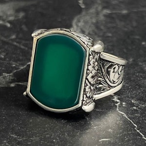 Men Square Green Agate Gemstone Silver Ring, Green Stone Silver Ring, Handmade Floral Jewelry, 925k Sterling Silver Mens Ring, Gift For Him
