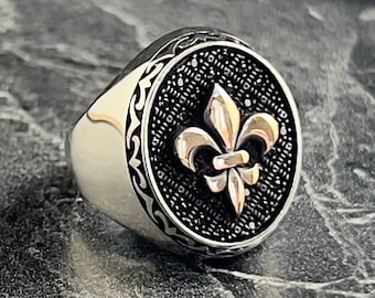 Silver French Signet Royal Ring, Handmade Fleur De Lys Symbol Ring