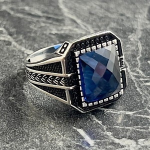 Mens Square Sapphire Gemstone Silver Ring, Handmade Blue Zircon Stone Ring, 925K Sterling Silver Ring, Geometric Style Ring, Gift For Him