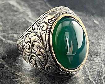 Herren Grüner Achat Stein Handgefertigter Silberring, Ottoman Design Silberring, Herrenschmuck, Türkisches Silberdesign, Geschenk für Ihn