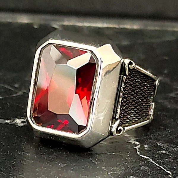 Men Red Garnet Square Gemstone Silver Ring, Silver Red Zircon Stone Ring, Handmade Vintage Style, Silver Men's Jewelry