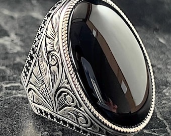 ブラックストーン クラシックリング ブラック オニキスリング メンズ ステンレス ブラックストーン 唐草