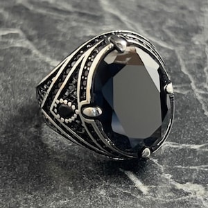 Men Silver Oval Black Onyx Gemstone Ring, Natural Shiny Dark Black Stone Ring, 925K Sterling Silver Ring, Ottoman Style Ring, Gift For Him