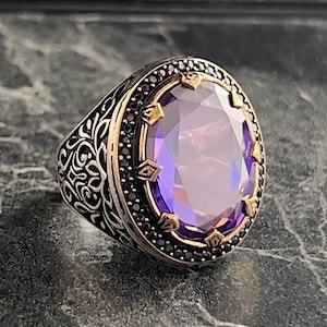 Men Oval Light Purple Amethyst Gemstone Silver Ring, Engraved Floral Design Ring, Handmade Jewelry, 925k Sterling Silver Ring, Gift For Him